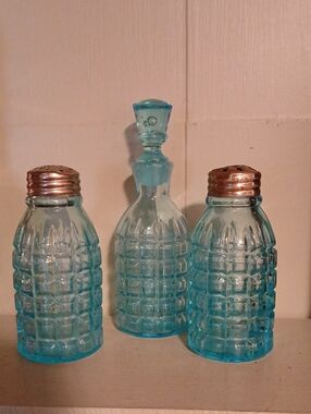 Vintage Blue Glass Salt and Pepper Shakers with Vinegar Bottle.